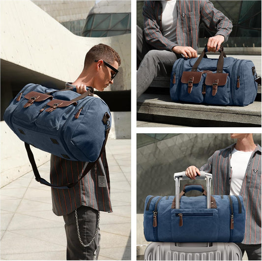 Wildroad 50L Travel Duffel Bag, Expandable Canvas Genuine Leather Duffle Bag Upgraded Overnight Weekender Carry on Bag (Navy Blue, Large-50L) - Roamly