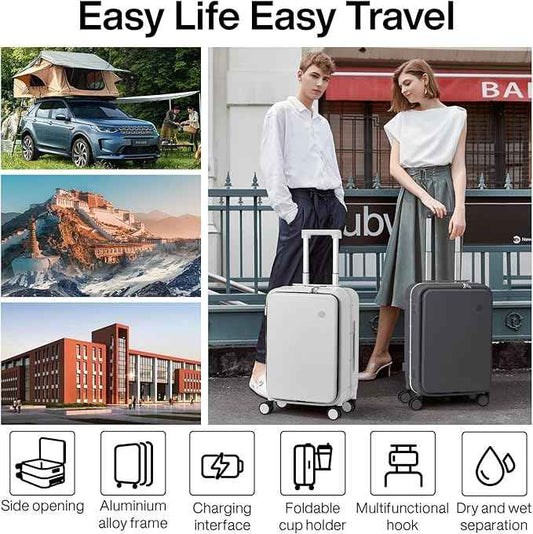 mixi Large Checked Luggage with Cup Phone Holder and Charger Hard Shell Suitcases with Spinner Wheels, 26 Inch Rock Gray