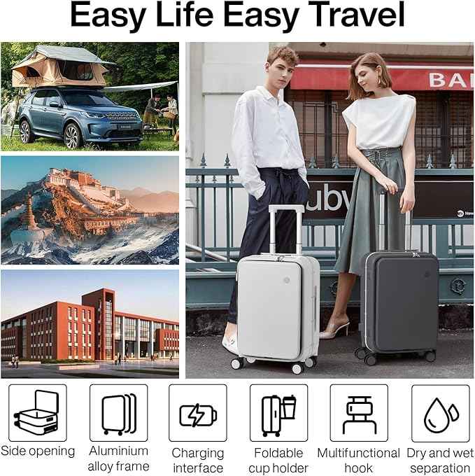 mixi 2-Piece Luggage Sets with Cup Phone Holder and Charger Hard Shell Suitcases with Spinner Wheels, 20+26 Rock Gray