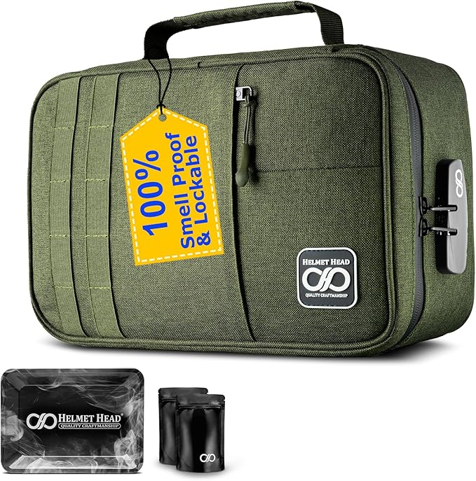 HELMET HEAD Smell Proof Bag with Lock, Water Repellent Large Stash Box for Mason Jars and Containers. Includes 2 Bags and Metal Tray (Herb Green)