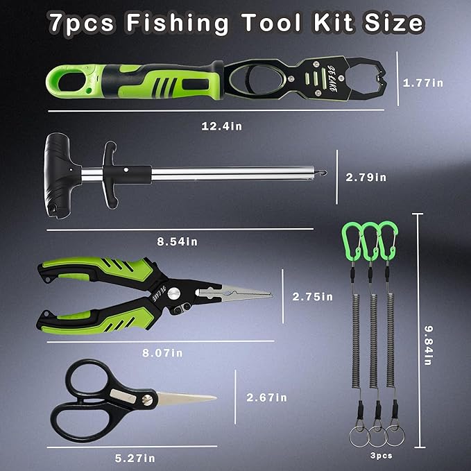 Selake 7 PCS Complete Fishing Tools Set, Fish Lip Gripper with Scale, Fishing Pliers, Hook Remover, Line Cutter & Scissors, Corrosion Resistant for Saltwater Freshwater Kayak Ice Fishing