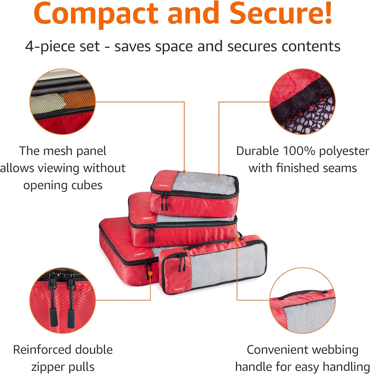 Amazon Basics Packing Cubes for Travel, Packing Organizers Set, 4-Piece-Set (Slim, Small, Medium, Large) With Double Zipper Pulls and Mesh Top Panel, 100% Durable Polyester, Red - Roamly