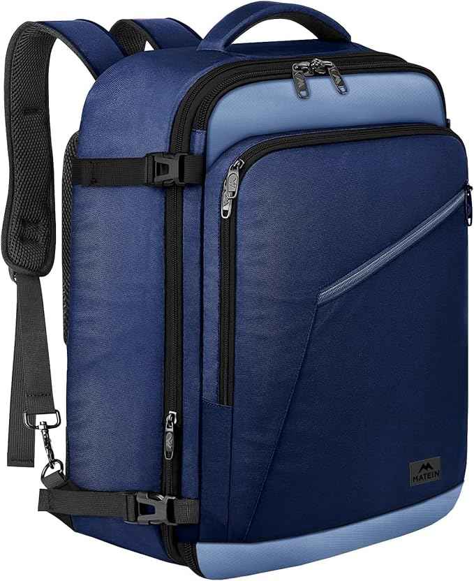 MATEIN Expandable Travel Backpack for Airplanes, Large Capacity Carryon Backpack for Men Women, Water Resistant Airline Approved Bags with Adjustable Shoulder Straps for International Trip, Grey Blue