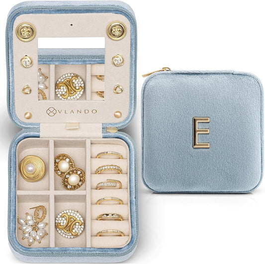 Vlando Teacher Must Haves, Personalized Initial Jewelry Case, Back to School Gift for Teacher, Teacher Appreciation Gifts, Teachers Day, Teacher Travel Jewelry Case with Initial - Letter E, Blue