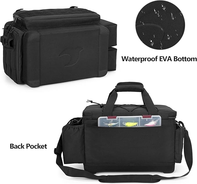 GOBUROS Waterproof Fishing Tackle Bag with Waterproof EVA Bottom (No Tackle Boxes in Package), Soft Tackle Box Storage Bag with Rod Holder, Pliers Storage for Fishing