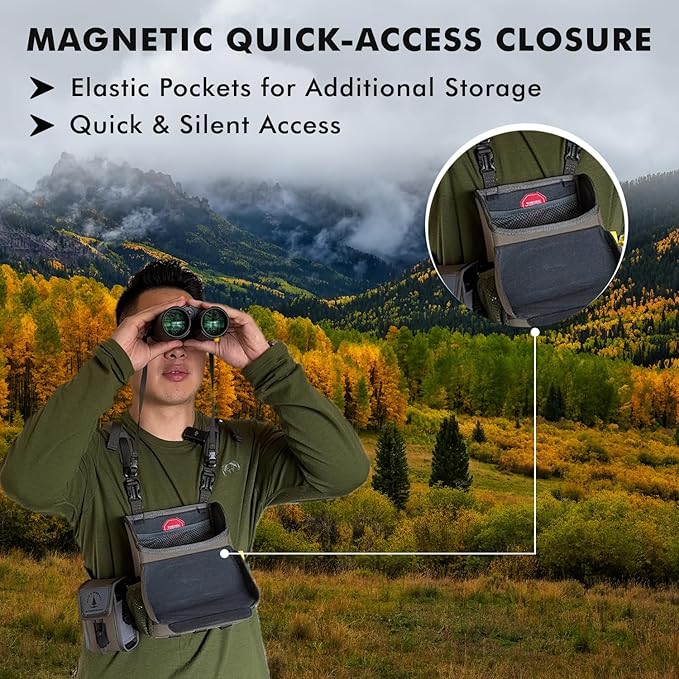 Dale & Company Binocular Harness for Hunting – Bino Harness System with Rangefinder Pouch & Phone Holder – Magnetic Cordura Chest Pack – Fits 10x42–12x50 – Recon Pro Backcountry Hunting Gear