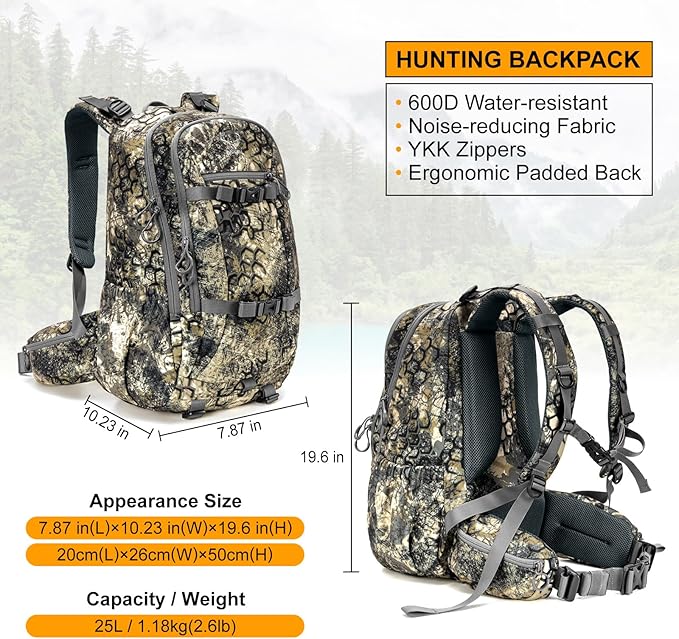 MOXULE Hunting Backpack Waterproof Pack: 25L Hunting Gear with Rain Cover,Hunting Day Pack with Rifle Bow Gun Holder (Camo)