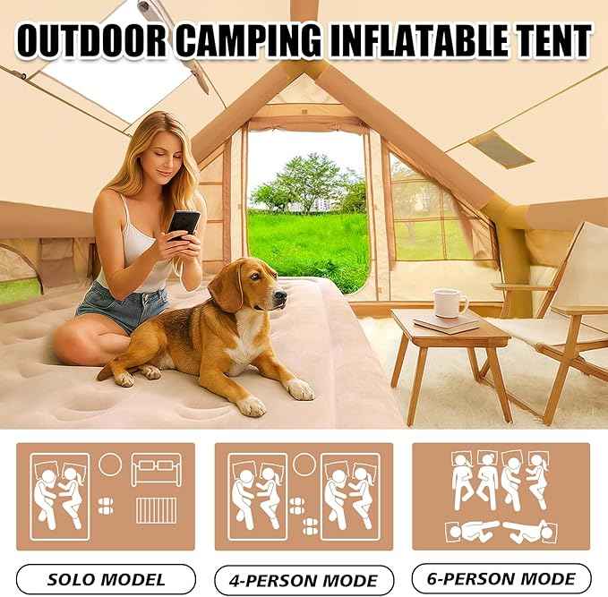 Inflatable Camping Tents 8-10 Person,129 Square Feets Large Inflatable Camping Tent with Stove Jack,Blow up Tent with Mesh Windows & Pump
