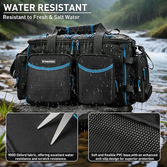 THKFISH Fishing Tackle Bag for 3600/3700 Tackle Box, Waterproof Soft Bottom Large Tackle Box Bag Saltwater & Freshwater Fishing Bags