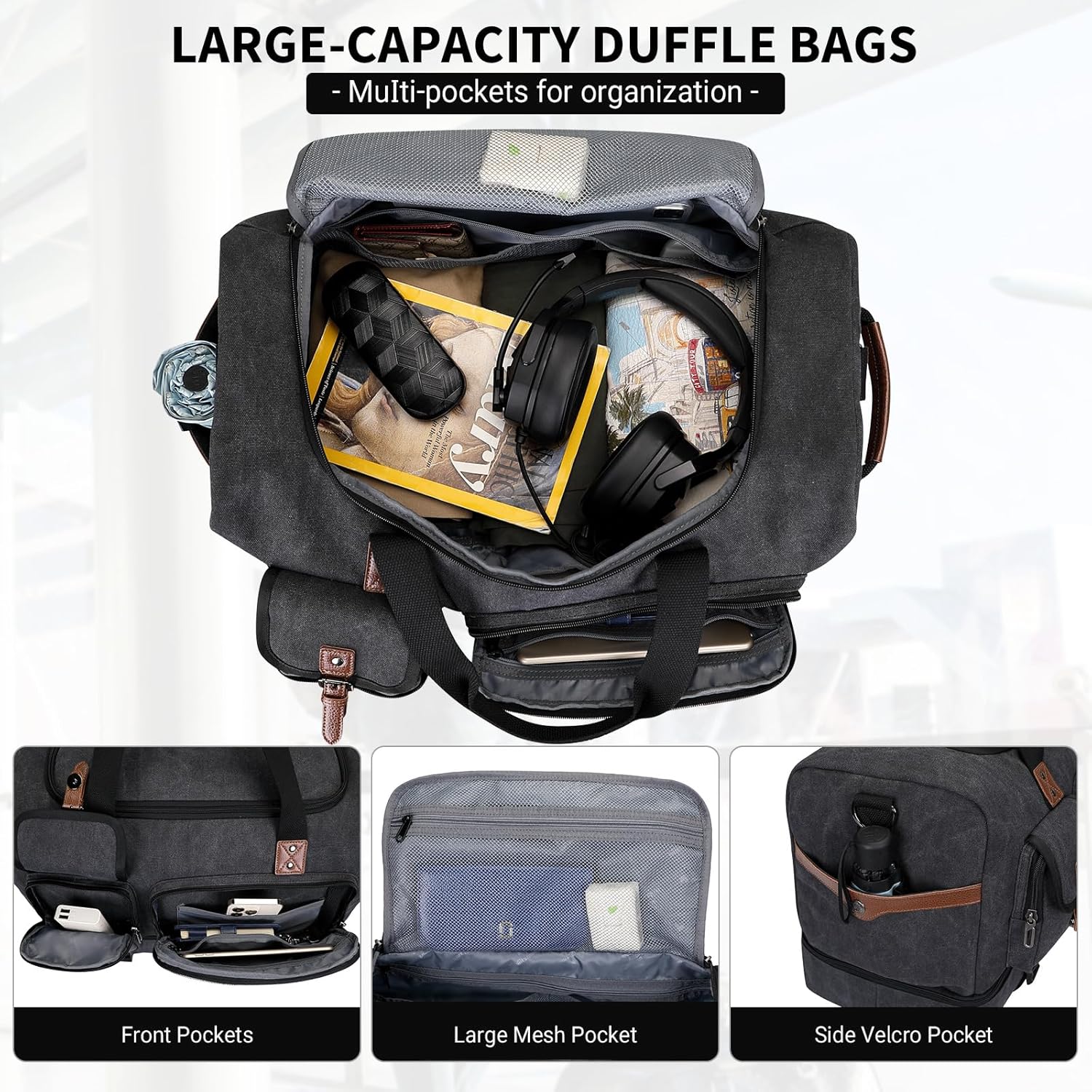 WITZMAN Canvas Weekender Bag Mens Overnight Bag for Traveling Carry on Duffle Bags with Shoes Compartment（A8010 Black） - Roamly