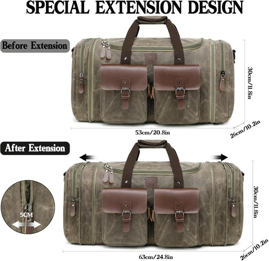 Waxed Canvas Duffle Bag for Men 50L Travel Duffel Bags Expandable Genuine Leather Duffel Overnight Weekender Carry On Bag Two Zipper Pockets Travel Bag (Vintage Grey, Large-50L) - Roamly