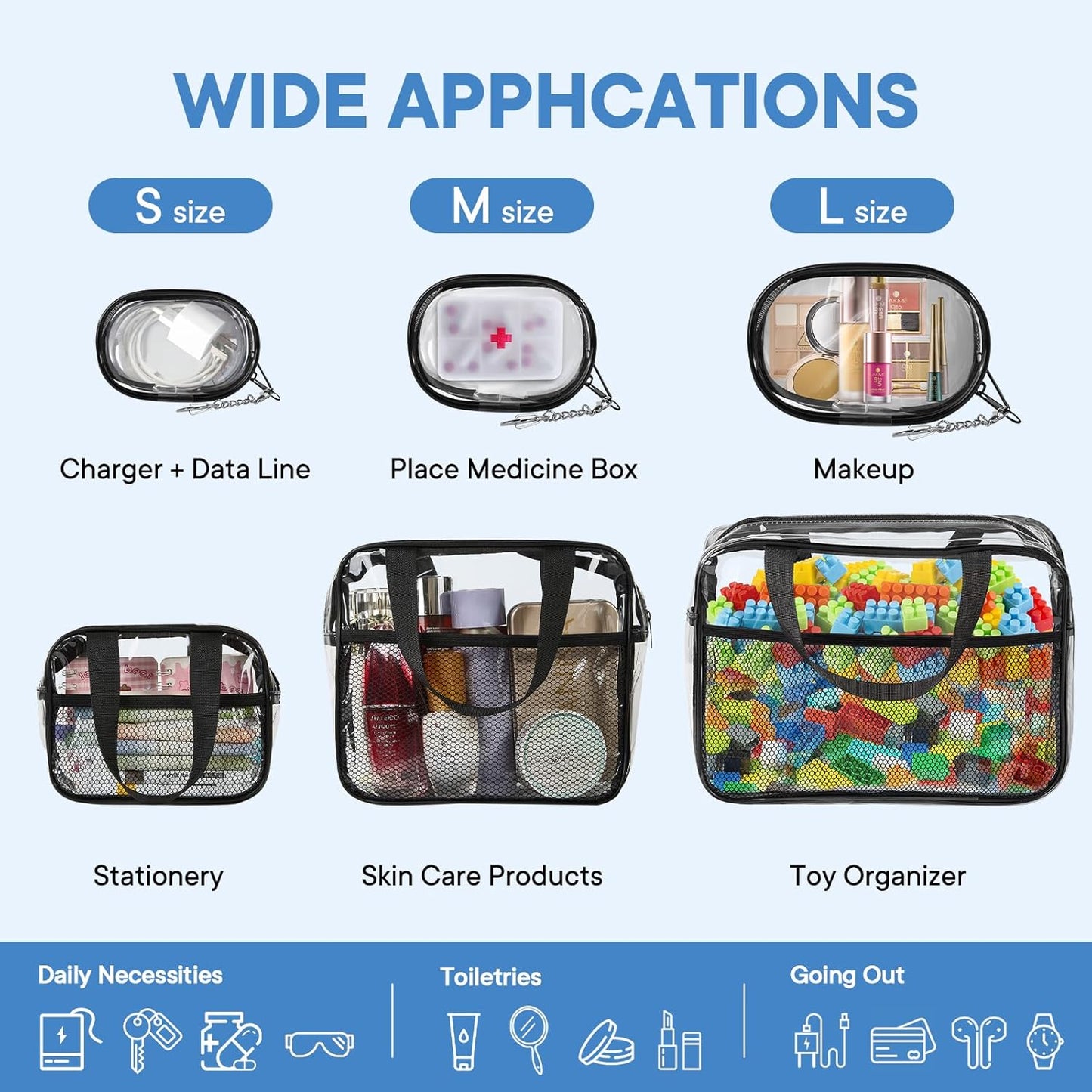 XEWEA Clear Travel Toiletry Bags & Small Electronic Accessories Organizer Case, 6 PCS TSA Approved Transparent Makeup Bag for Women Men, Waterproof PVC Quart Pouch with Zipper for Airline Essentials - Roamly