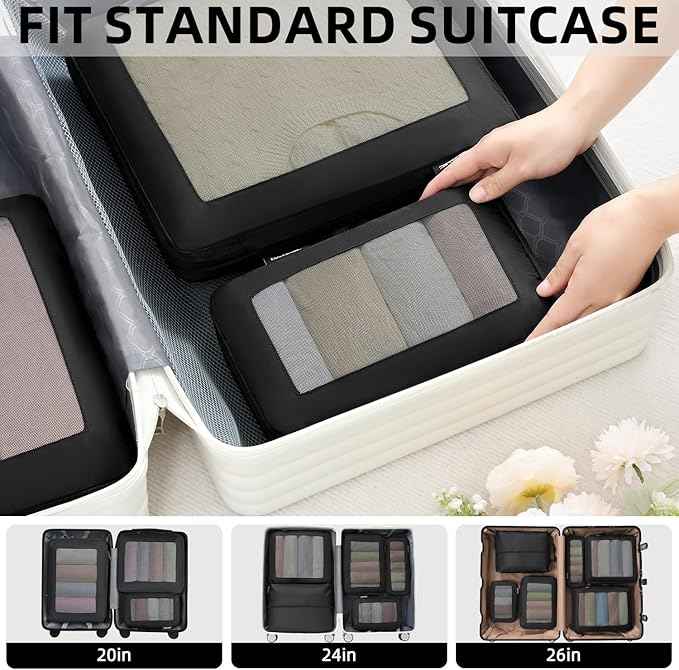 BAGAIL 4 Set/6 Set/8 Set Compression Packing Cubes Travel Accessories Expandable Packing Organizers (Square Mesh, 05-Jet Black)