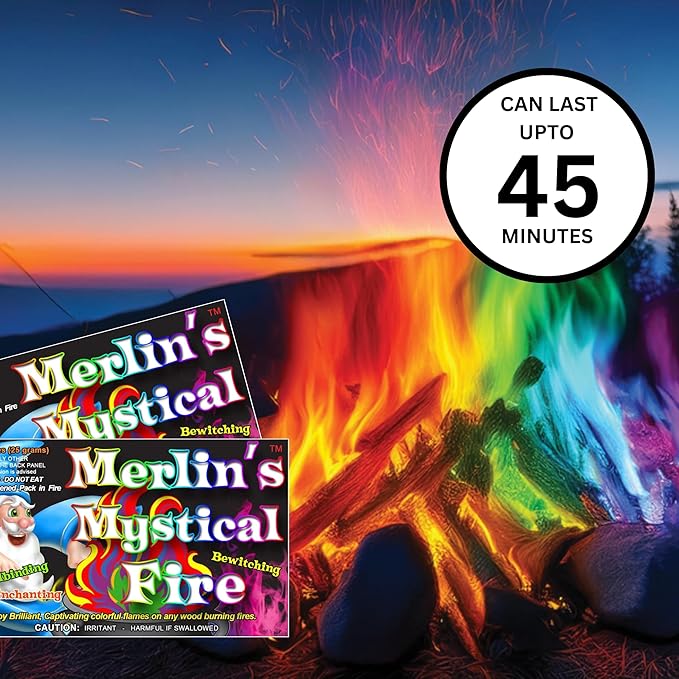 Merlin's Mystical Fire Color Changing Packets- Pack of 6, 0.882 oz Each- Long Lasting Enchanted Multi-Color Magical Flames- Flame Color Changer for Fire Pits & Outdoor Fireplaces- Campfire Accessories