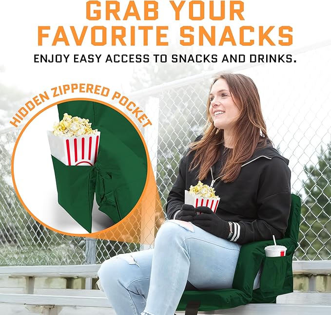 ACELETIQS Heated Stadium Seats for Bleachers with Back Support – USB Battery Included - Upgraded 3 Levels of Heat - Foldable Chair - 4 Pockets, Cup Holder - for Camping, Games & Sports (Hunter Green)