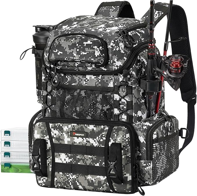 Piscifun Fishing Tackle Backpack with Rod Holders & 4 Tackle Boxes, 42L Outdoor Fishing Bag with Waterproof Rain Cover
