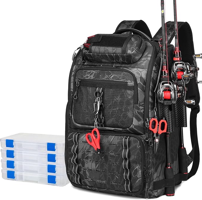 Fishing Tackle Backpack,Tackle Bag with 2 Rod Holders,Water-Resistant Large Storage Fishing Gear and Equipment (B-Black Camo with 4 Tackle Boxes)