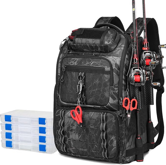 Fishing Tackle Backpack,Tackle Bag with 2 Rod Holders,Water-Resistant Large Storage Fishing Gear and Equipment (B-Black Camo with 4 Tackle Boxes)