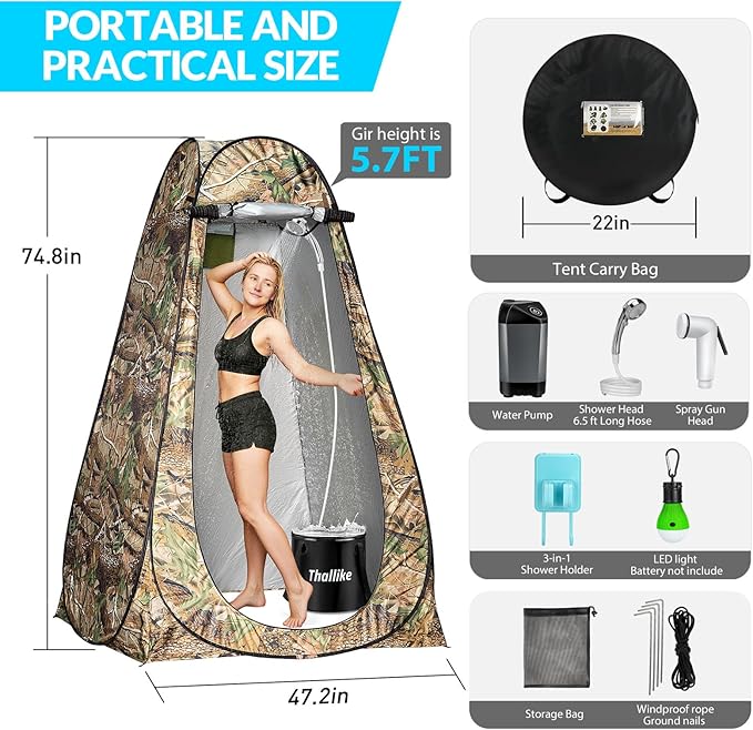 Portable Camping Shower, Pop Up Shower Privacy Tent Kit with LED Lights, 4500mAh Rechargeable Shower Pump, Filtered Shower Head & 7.4 Gallons Foldable Bucket, Outdoor Shower for Hiking Beach, Travel