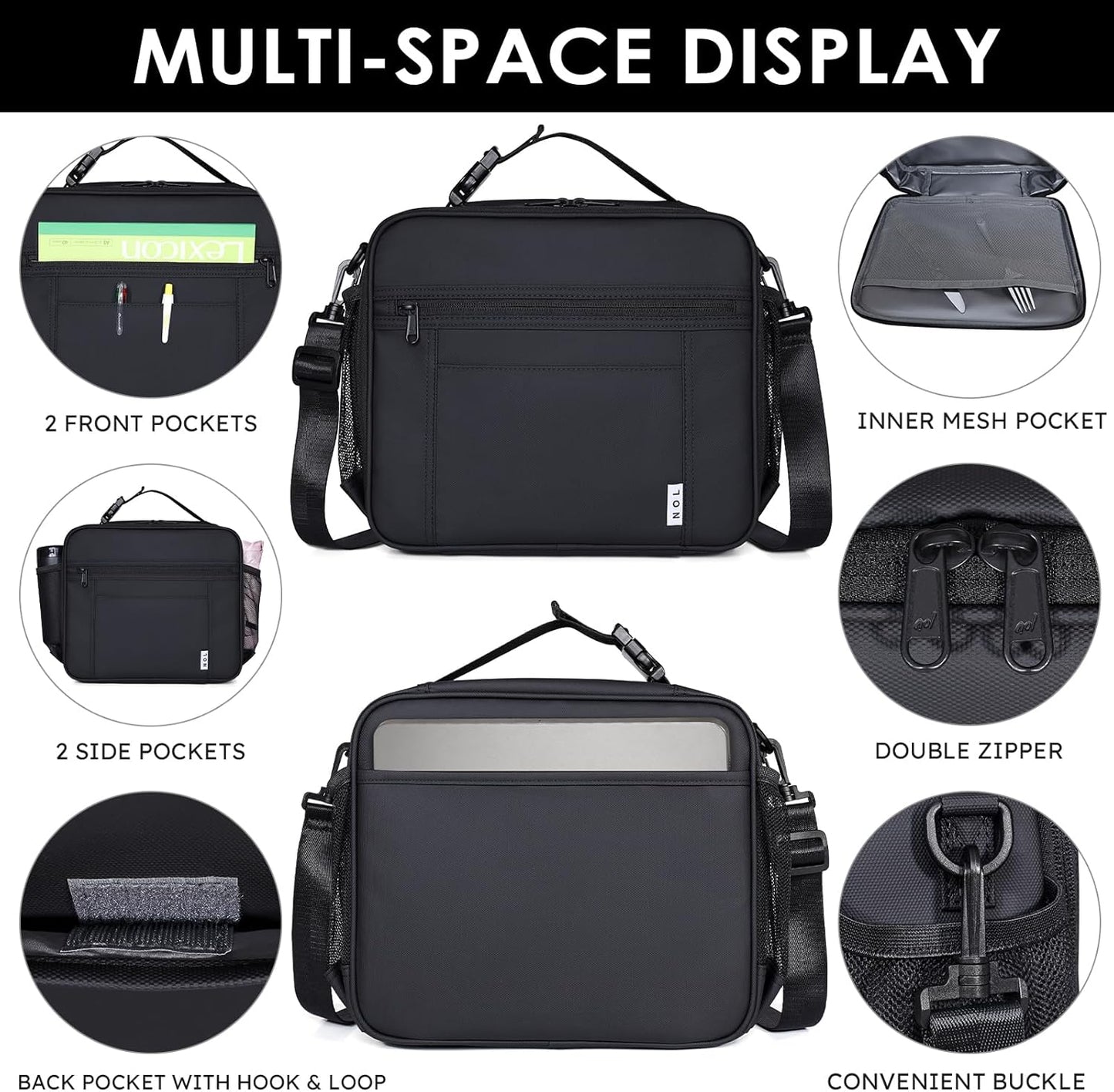NOL Kids Lunch Bag - Kids 3+ Reusable Insulated Lunch Box with Zipper Closure Buckle Handle Adjustable Long Shoulder Strap, Easy-Clean Waterproof Fabric, Children Lunch Tote Bag for School-Black