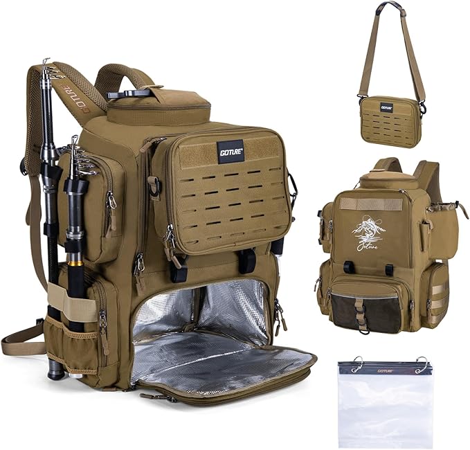 Goture Fishing Backpack, 58L 900D Water-Resistant Insulated Tackle Backpack with Cooler, Rod Holders, 8 Lure Pockets, Detachable Crossbody Bag, Gear Storage Large Fishing Bag for Camping Hiking