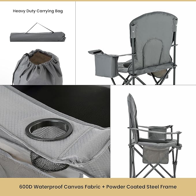 Arrowhead Outdoor Portable Folding Camping Quad Chair w/ 4-Can Cooler, Cup-Holder, Heavy-Duty Carrying Bag w/Easy Carry Shoulder Strap, Padded Armrests, Supports up to 330lbs, USA-Based Support