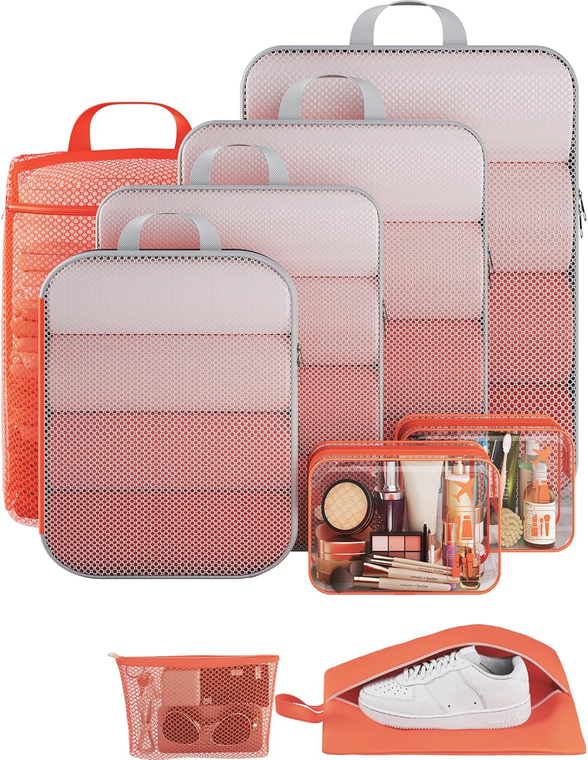 Veken 9/11 Set Compression Packing Cubes for Travel Essentials,Compressible Expandable Large Luggage Suitcase Organizer Bags for Clothing,Durable Space Saver Storage Bags with Toiletry Bags(Orange)