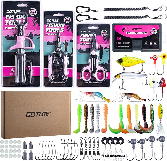 Goture Fishing Tool Kit,Fishing Pliers,Fillet Knife with Sheath,Fish Lip Gripper,Fish Hook Remover,Lanyard,Line Scissors,Sharpener,Stainless Steel Soap,Saltwater Gear Kit,Red/Pink,Gifts for Men/Women