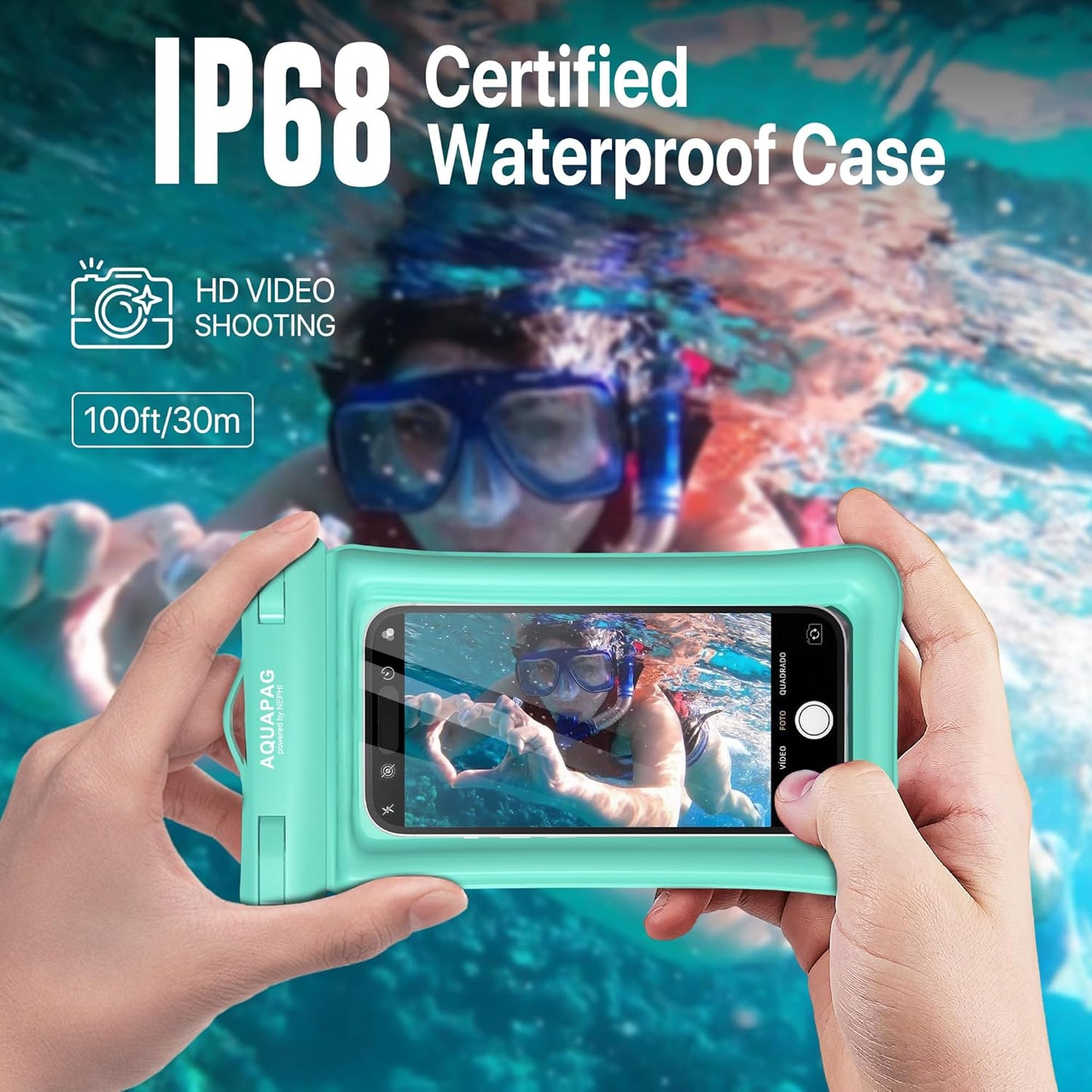 NEPHI IP68 Waterproof Phone Pouch 2 Pack-Up to 8.0"，Adjustable Neck Lanyard Floating Waterproof Phone Case for iPhone,Phone Dry Bags for Vacation Beach Pool Travel Essentials (Aqua Green 4 Pack)