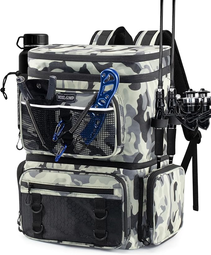 HXLGMD Fishing Backpack with Rod Holders, Double Layer Large Water-resistant Tackle Bag Store Gear with Cooler, Grey
