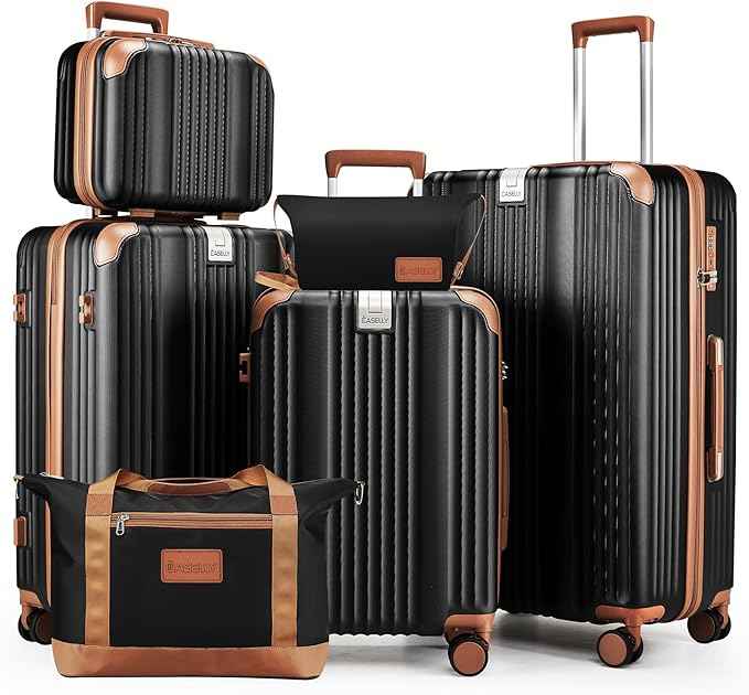Luggage Set 6 Piece with Cup Holder,Hardshell TSA Lock Spinner Wheels Carry on Lightweight Suitcase，Hook and YKK Zippers for Valentine Gifts(Black, 6 piece sets（14/20/24/28/DB/TB）)