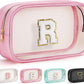 YOOLIFE Initial Travel Makeup Bag Pouch, Clear Toiletry Bag for Women Travel Accessories Cosmetic Bag Skin Care for Teen Make Up Bags Birthday Gifts for Women Unique Teacher Mom Friends Gifts Pink R