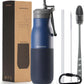 Insulated Stainless Steel Water Bottles with Straw, Wall Vacuum Insulated Water Bottle for Gym Traveling Camping Hiking Outdoor Activity(2 Cleaning Brushes+1 Carabiner, 18 oz Blue)