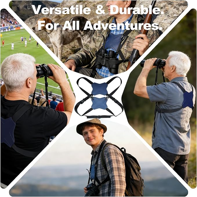 Binocular Harness Strap, New Double-Sided Leather X-shaped Design Adjustable for Hunting, Hiking & Birding, Binocular Harness Fits for Carrying, Cameras, Rangefinders and More