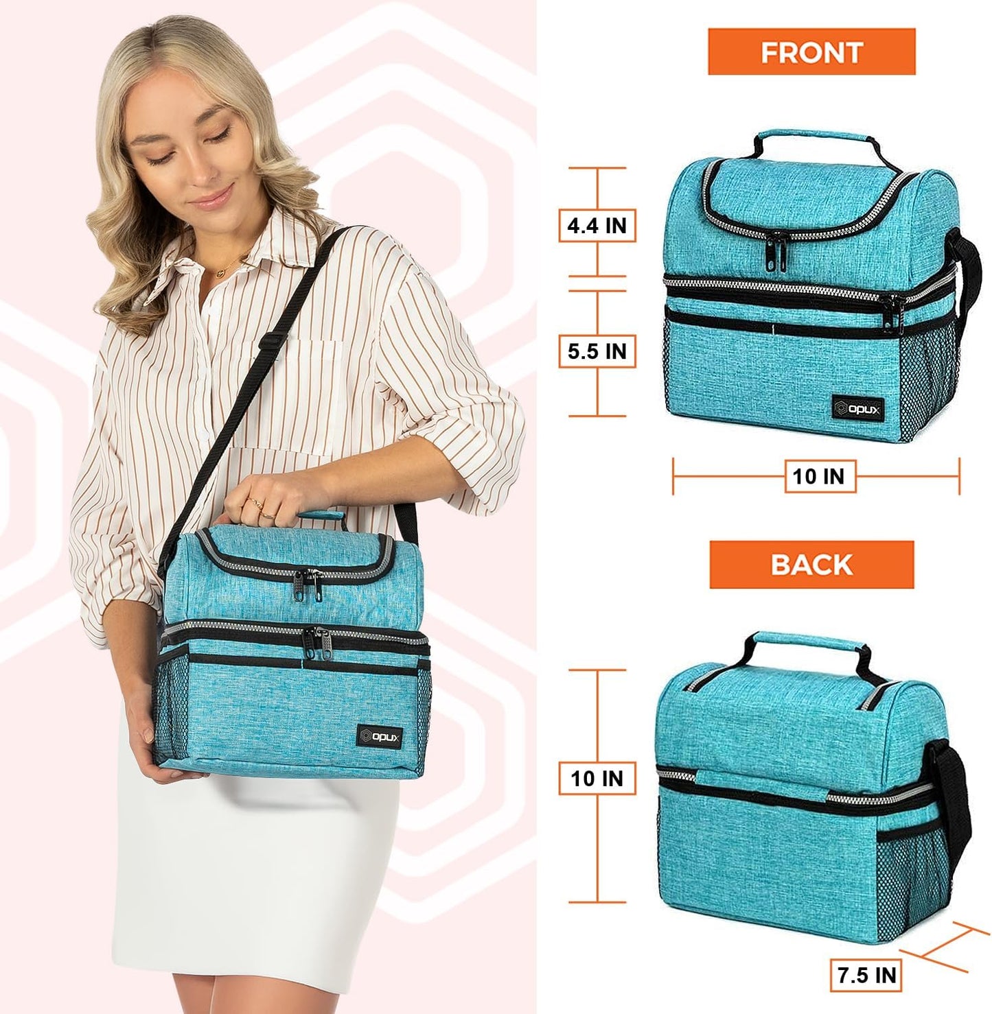 OPUX Lunch Box For Men Women, Insulated Large Lunch Bag Adult Work, Double Decker Lunchbox Meal Prep Dual Compartment Leakproof Lunch Cooler,Soft Lunch Tote Boys Girls Kids School, Aqua Turquoise 12L