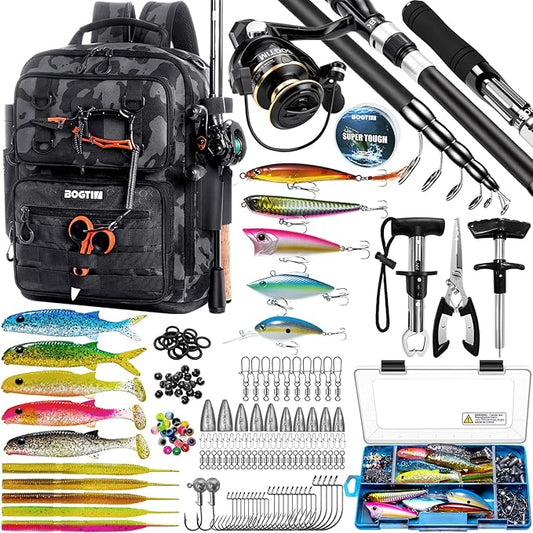 Fishing Backpack with Tackle Boxes and Rod Holders, Fishing Bag wtih Fishing Lure Kit Water-resistant Sling Tackle Bag Store Gear and Equipment, Bait Gifts for Men Woman Anglers-Black Camo Backpack