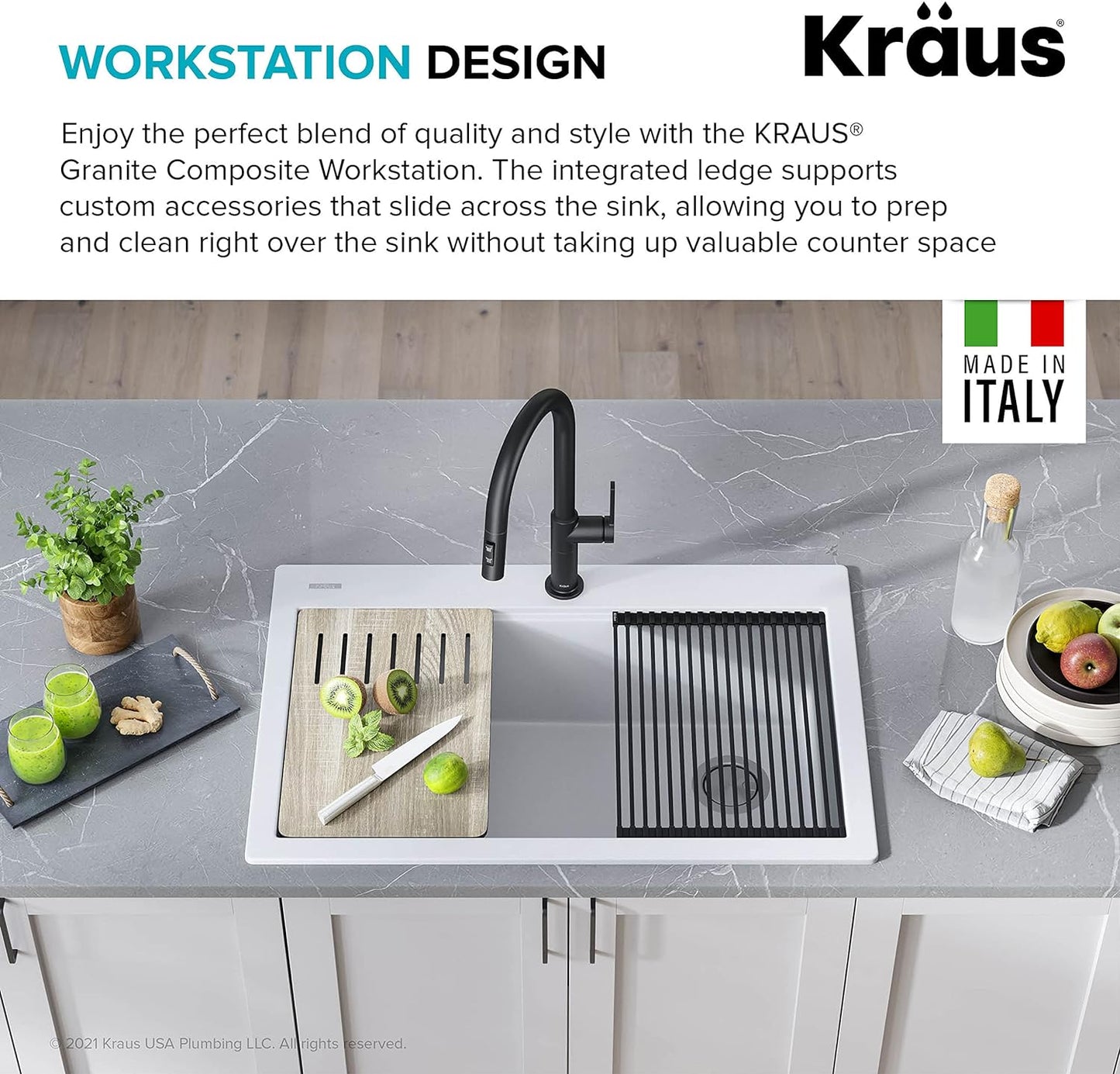 KRAUS Bellucci Workstation 33 in. Drop In Single Bowl Granite Kitchen Sink in White with Accessories, KGTW1-33WH