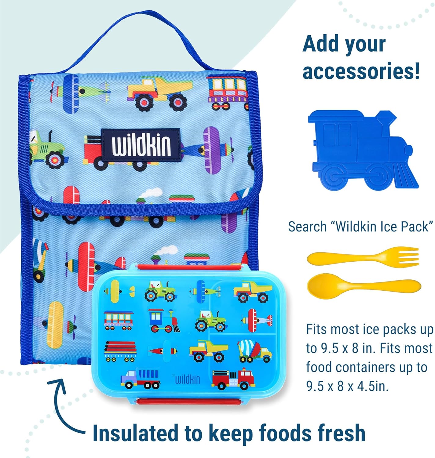 Wildkin Kids Insulated Lunch Bag – Reusable, Ideal for Hot/Cold Snacks, School & Travel - Trains, Planes and Trucks