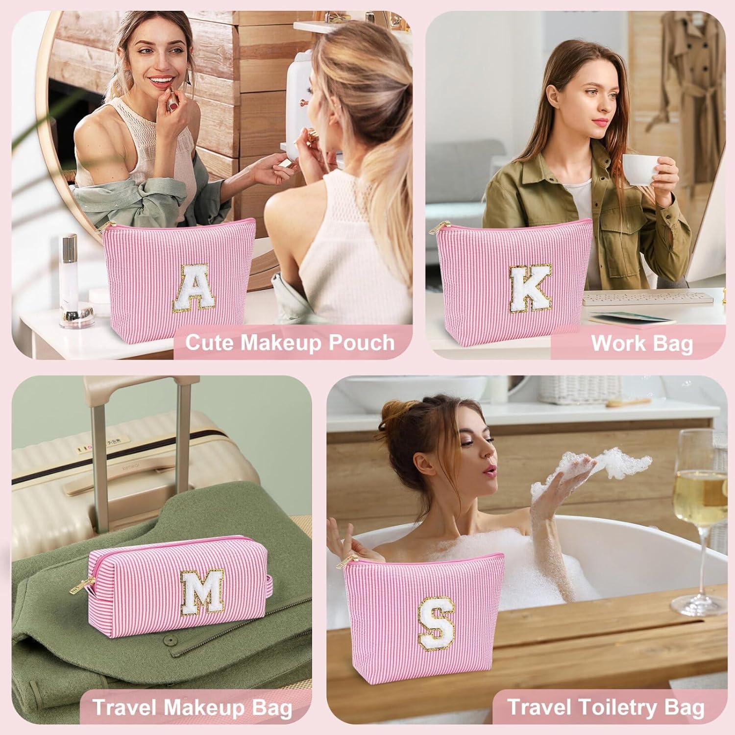 YOOLIFE Preppy Makeup Bag for Women - Personalized Cute Makeup Pouch for Girlfriend Bridesmaid Wife | Cosmetic Travel Toiletry Bag for Friend | Birthday Gift Idea for Her Mom Preppy Stuff Pink C - Roamly
