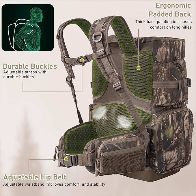 Hunting Backpack with Waterproof Rain Cover, Self Standing Hard Bottom, 50L Camo Hunting Day Pack for Bow Rifle Gun