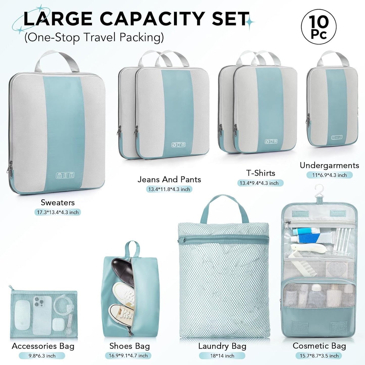 10 Set Compression Packing Cubes for Travel Essentials,Compressible Expandable Packing Cubes for Suitcase,OlarHike Luggage Organizer Bags for Travel,Handy Helper for Organizing Clothes(Blue Gray) - Roamly