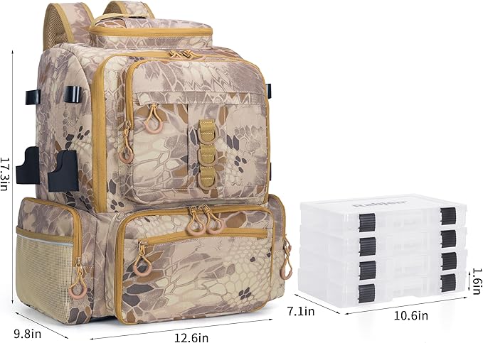 Rabjen Fishing Tackle Backpack, 45L Storage Waterproof Travel Bag Store Fishing Gear with Insulated Top Pocket