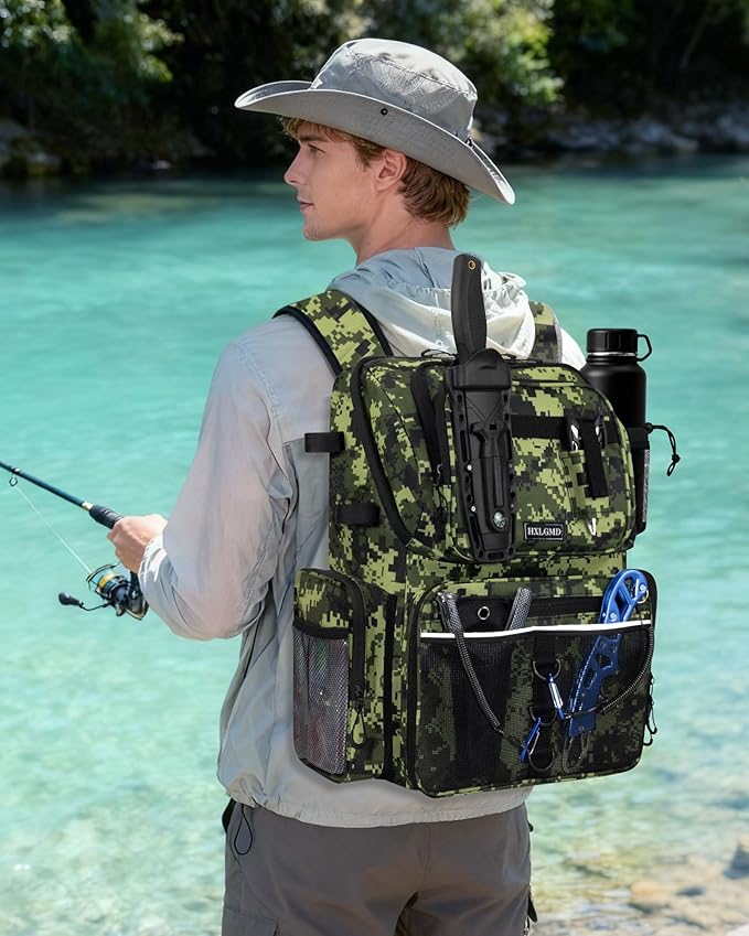 HXLGMD Fishing Backpack with Rod Holders, 43L Large Water Resistant Tackle Bag Storage Gear and Equipment with Cooler for Men Fishing, Camping, Hiking, Green