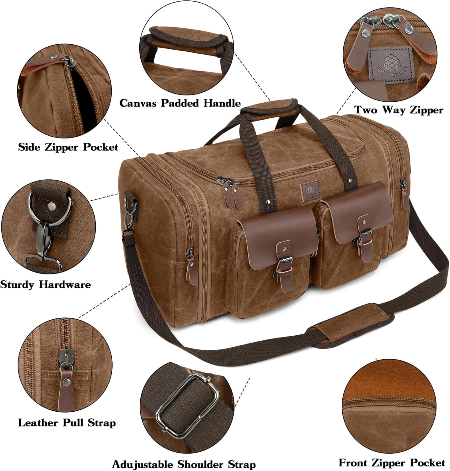 Waxed Canvas Duffle Bag for Men 50L Travel Duffel Bags Expandable Genuine Leather Duffel Overnight Weekender Carry On Bag Two Zipper Pockets Travel Bag (Vintage Dark Brown, Large-50L) - Roamly