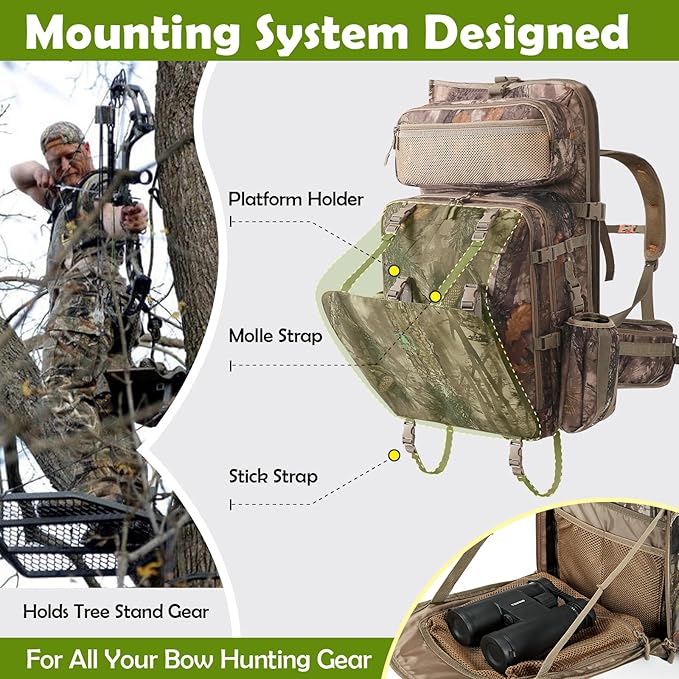 Bow Hunting Backpack 3.0 for Men, Saddle Camo backpack with Bow Holder, Compound Bow Hunting Bag for Saddle Hunting Deer and Elk
