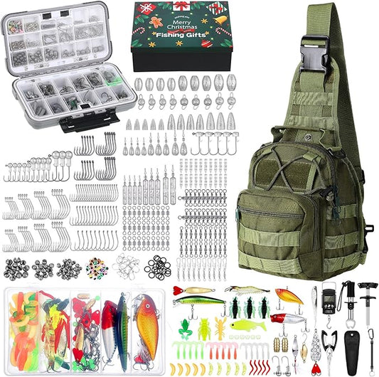 Sosation 482 Pcs Fishing Gifts for Men Fishing Sling Bag Tool Gear Equipment Accessories Kit Fish Backpack Tackle Box with Tackle Included Fish Hook Remover Tool Lures Lip Gripper