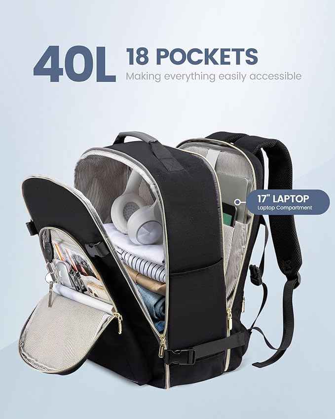 LOVEVOOK Travel Backpack for Women & Men 40L,Airline Approved Carry On Backpack Travel Essentials,TSA Carry on Luggage,Waterproof Personal Item Travel Bag,Suitcase with 3 Packing Cubes,Black-Grey