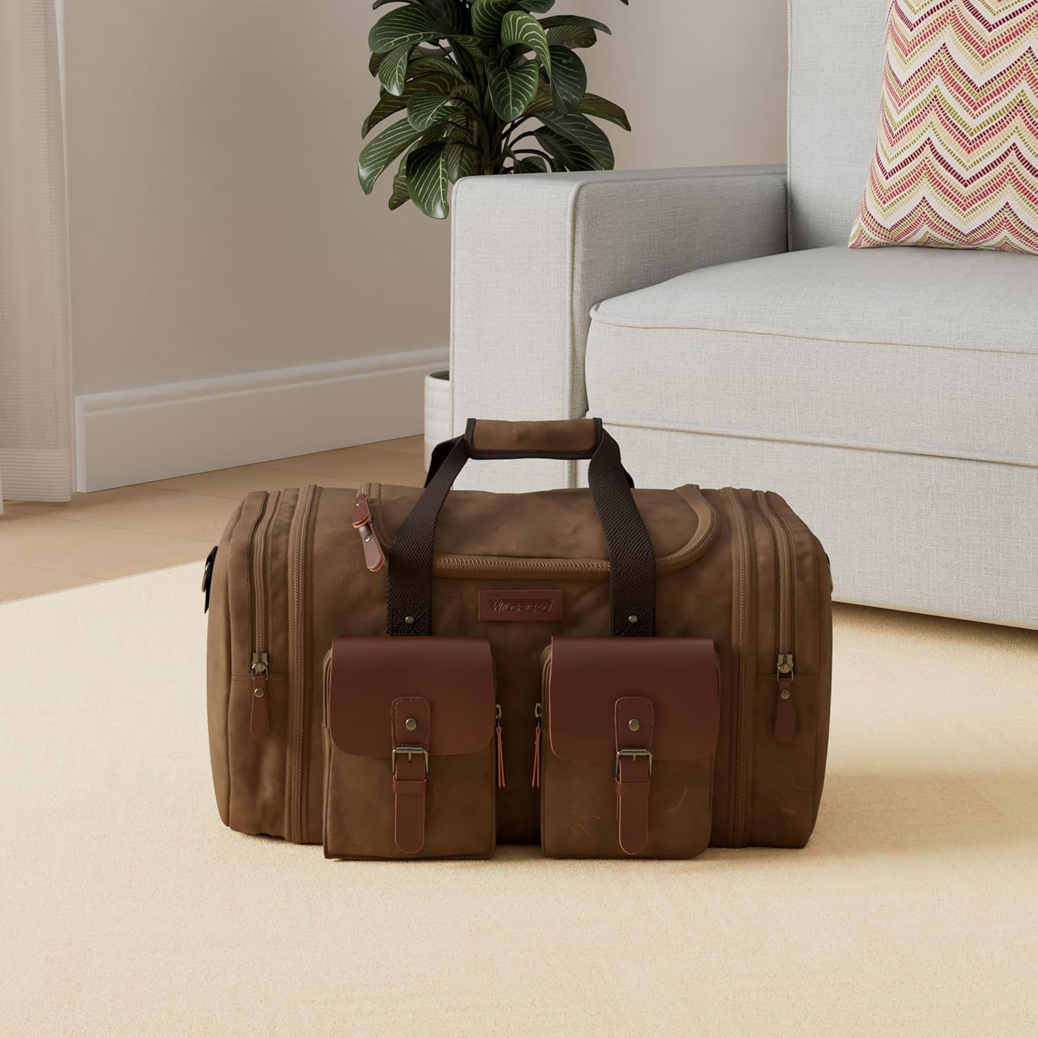 Wildroad Waxed Canvas Genuine Leather 50L Waterproof Duffle Bag - Vintage Travel Weekender Overnight Carry On - Roamly