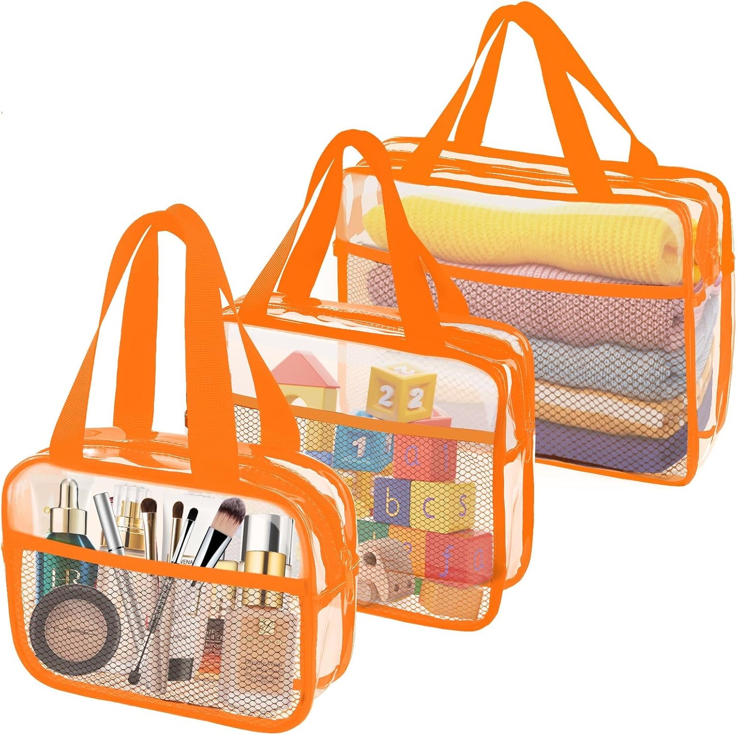 XEWEA Clear Travel Toiletry Bags, 3 Pack TSA Approved Transparent Makeup Bag for Men Women, Large Waterproof PVC Quart Organizer with Zipper for Toiletries Airline Essentials,Toy Storage Pouch Orange - Roamly