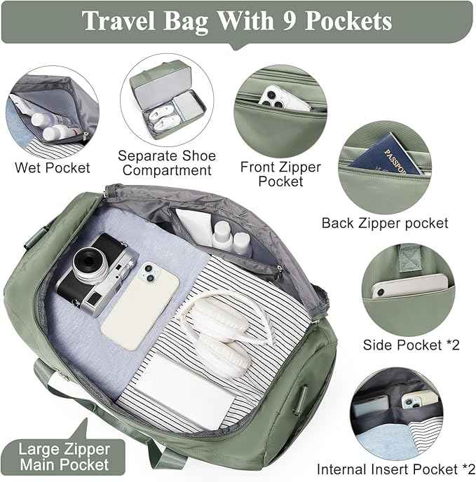 Travel Duffel Bag for Women, Carry-on Overnight Weekender Bags with Wet Pocket, For Spirit Airlines 18x14x8 Personal Item Bag,Small,Olive Green